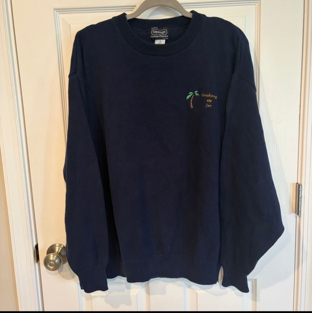 Vantage Custom Classics Embroidered Palm Tree Knit Sweater Navy Large